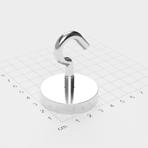 Topfmagnet mit Haken, D=42 mm, H=9 mm, vernickelt, Grade N35, Gewinde M6