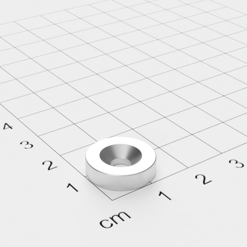 Neodym Scheibenmagnet mit Bohrung und Senkung, 15x3.9mm, 4.5mm Bohrung, vernickelt, Grade N45