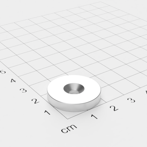 Neodym Scheibenmagnet mit Bohrung und Senkung, 23x4mm, 4.5mm Bohrung, vernickelt, Grade N40