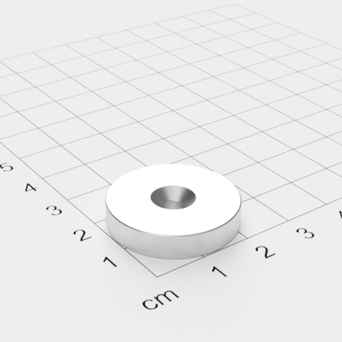 Neodym Scheibenmagnet mit Bohrung und Senkung, 25x5mm, 4.2mm Bohrung, vernickelt, Grade N45