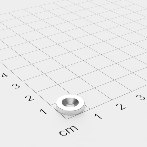 Neodym Scheibenmagnet mit Bohrung und Senkung, 10x2mm, 3mm Bohrung, vernickelt, Grade N45SH
