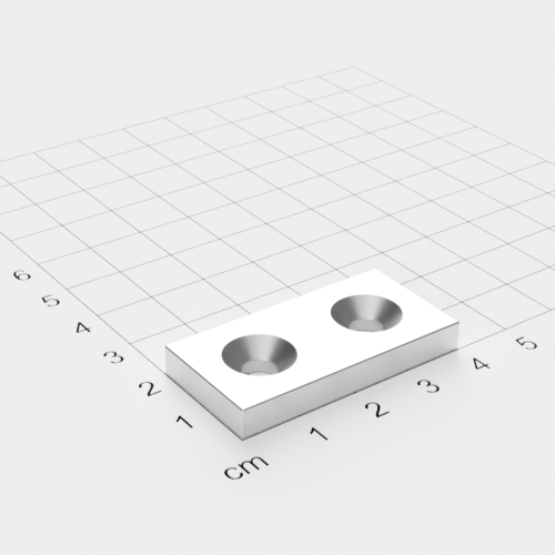 Neodym Quadermagnet mit Bohrung und Senkung, 40x20x5mm, 2x5,5mm Bohrung, vernickelt, Grade N35