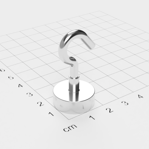 Topfmagnet mit Haken, D=20 mm, H=7 mm, vernickelt, Grade N35, Gewinde M4