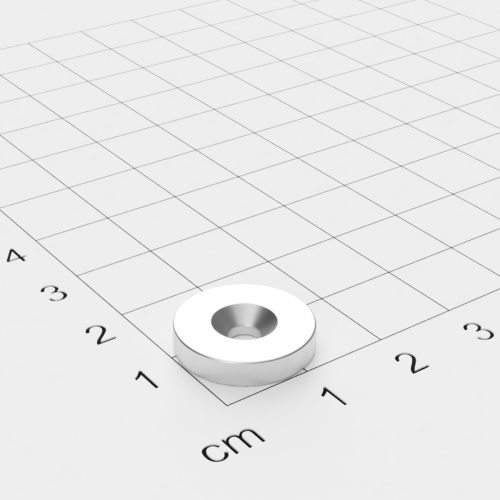 Neodym Scheibenmagnet mit Bohrung und Senkung, 15x3mm, 3.5mm Bohrung, vernickelt, Grade N45